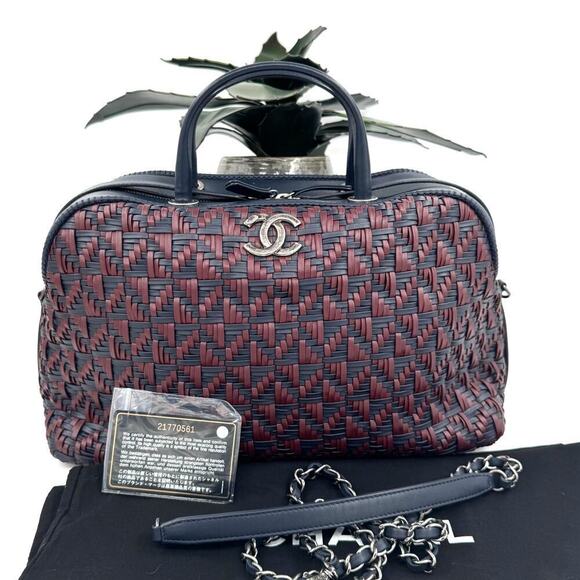 CHANEL Handbags - Chanel Navy and Burgundy Woven Leather 2-way Bowler Bag Series 21 Authentic CoA